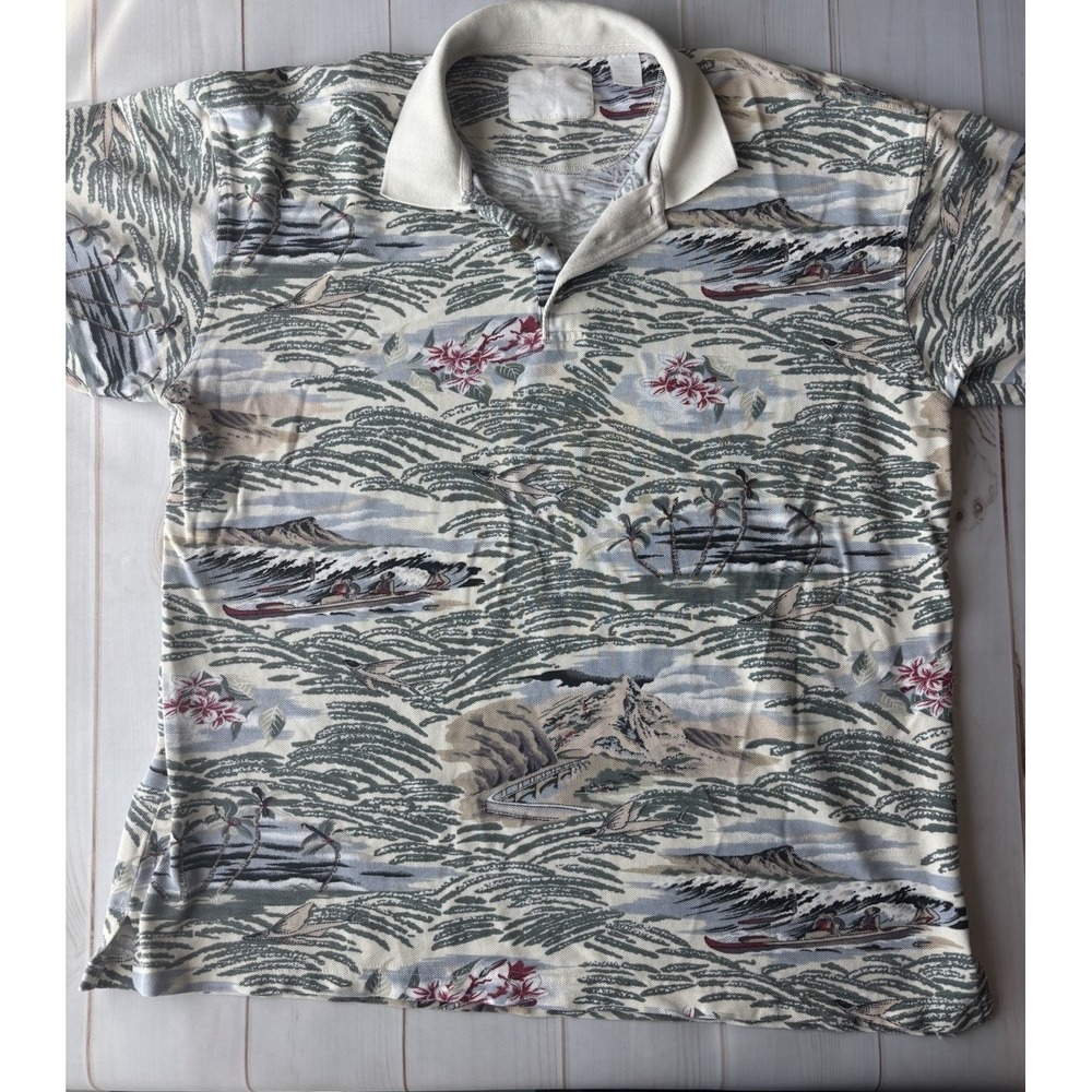 VINTAGE 90s Island Fever Tropical Short Sleeve Polo Shirt Scenic Mens Sz XL 0640